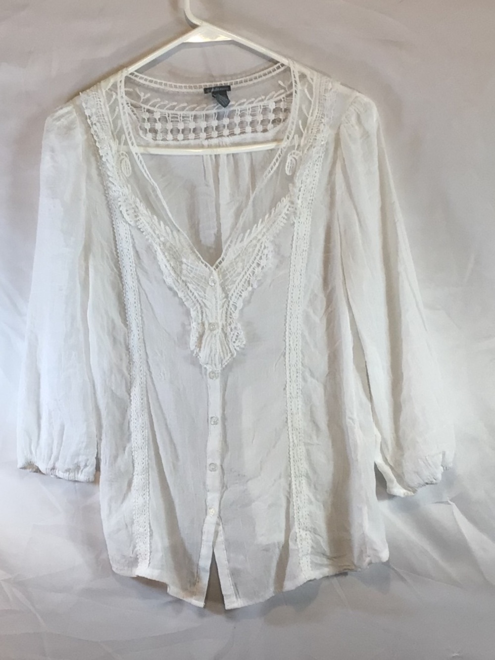 charlotte russe women semi sheer top size S white lace crochet ethereal peasant